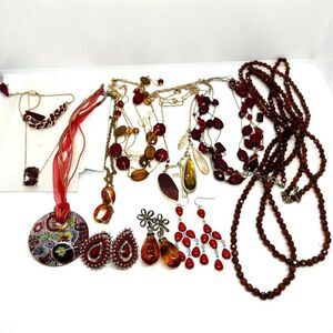 Vintage Mystery Jewelry Lot Red Tones Necklace Earrings Avon Liz Claiborne